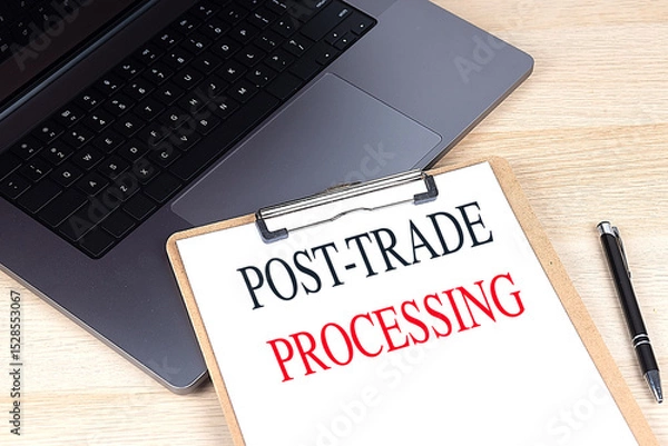 Fototapeta Post-trade processing text on clipboard with laptop and black pen on wooden desk