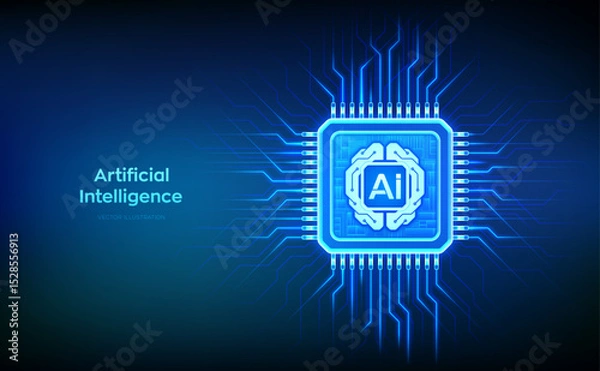 Fototapeta Artificial Intelligence chip with AI digital brain circuit board icon. Artificial intelligence integrated into a microprocessor. AI processor technology concept. CPU microchip. Vector illustration.