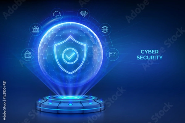 Fototapeta Cyber security. Network safety. Holographic platform with glowing rays forming a projection of a Protection shield with Check mark icon inside sphere shield with hexagon pattern. Vector illustration.
