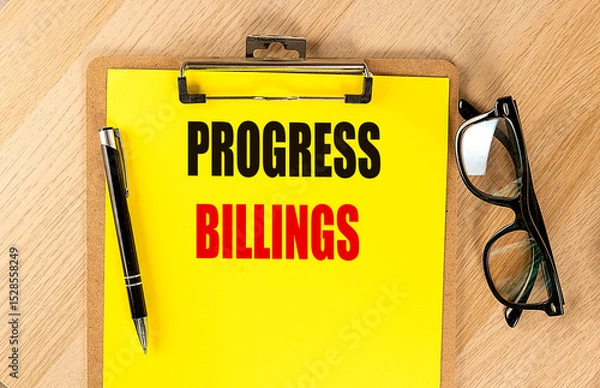 Fototapeta Progress billings text on yellow clipboard with pen and eyeglasses on wooden desk