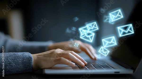 Fototapeta Hands Typing On Laptop Keyboard With Glowing Email Icons In Dark Blurred Background