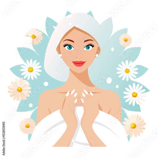 Obraz A stylized cartoon illustration depicts a serene woman with clear blue eyes and red lips, wrapped in a white towel with another white towel on her head, applying lotion to her hands. She is framed by 