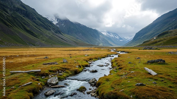 Fototapeta River in a mountain valley, going into the distance. Scottish Highlands. AI generation.