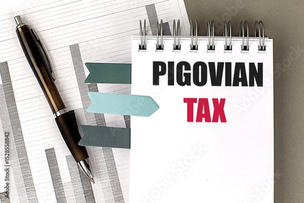 Fototapeta Pigovian tax text on spiral notebook with charts, pen and paper markers on desk