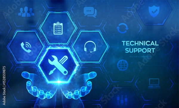 Fototapeta Technical support. Customer help. Tech support icon in wireframe hands. Customer service, Business and technology concept. 24 hours servises. 24-7 support. Vector illustration.