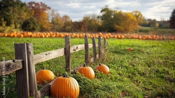 Fototapeta Autumnal pumpkin patch, rustic wooden fence, and vibrant foliage.