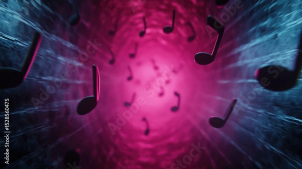 Fototapeta Abstract visualization of musical notes swirling in a vibrant tunnel of pink and blue colors creating a dynamic artistic expression of soundwaves and rhythm