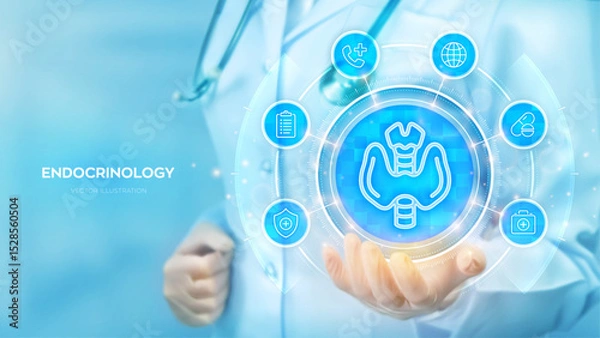 Fototapeta Endocrinology medical concept. Awareness of Endocrine diseases hyperthyroidism, hypothyroidism. Doctor holding in hand Thyroid gland icon and medical icons network connection. Vector illustration.