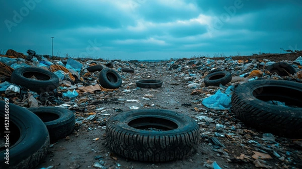 Fototapeta Abandoned Tires and Litter on a Desolate Road Surrounded by Dark Clouds and Overcast Skies in a Polluted Environment