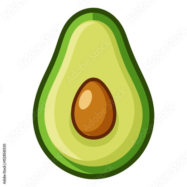 Obraz 
A vibrant and simple cartoon illustration displays a single half of an avocado, featuring its bright green flesh, dark brown pit, and a slightly darker green rind, all outlined with a crisp border.