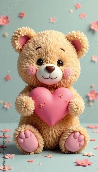 Fototapeta Small, cuddly bear holding a heart with a subtle floral pattern in pastel shades , Floral, Minimalist, Teddy Bear
