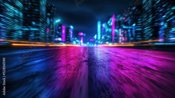 Fototapeta Futuristic Urban Night Scene with Bright Colorful Lights and Motion Blur in a Vibrant Cityscape with Wet Pavement and Reflections