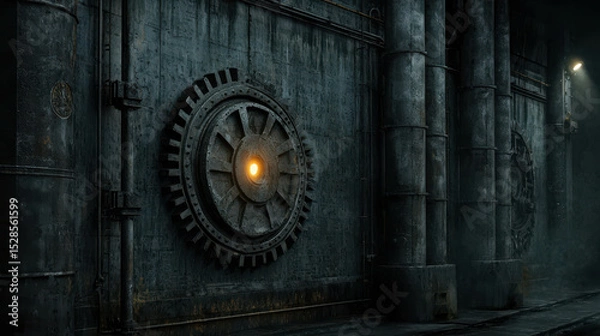 Fototapeta Industrial wall with a large gear mechanism glowing in the dark with an ominous atmosphere, showcasing vintage engineering and urban decay aesthetics