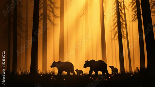Fototapeta Silhouetted Family of Bears Walking Through Enchanted Forest at Dusk with Golden Rays of Light Streaming Through Tall Trees