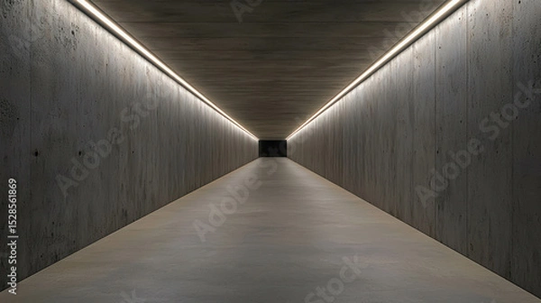 Fototapeta Modern minimalist corridor with smooth concrete walls and ambient lighting creating a mysterious perspective view into the dark distance