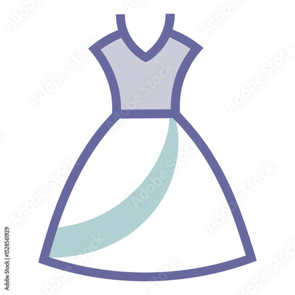Obraz A clean and minimalist outline icon depicts a dress with a V-neck bodice in light purple and a flowing skirt with a diagonal light blue accent. The overall design is simple and stylized.