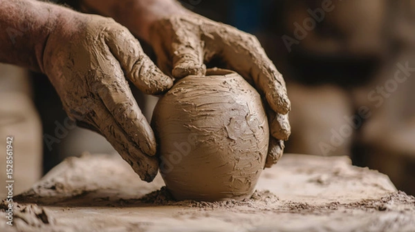 Fototapeta Craftsmanship of Pottery: Artist's Hands Shaping Clay Vessel at Sympathetic Workshop, Emphasizing Traditional Techniques and Artistic Expression