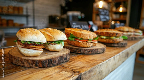 Fototapeta Freshly Made Sandwiches on Wooden Serving Boards in a Cozy Cafe with Warm Lighting and Inviting Atmosphere for Culinary Experience