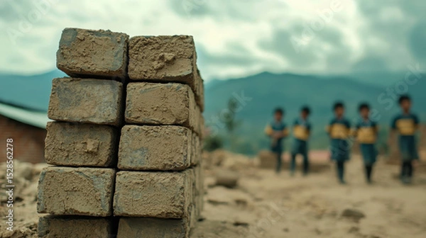 Fototapeta Young Children Walking Near Stack of Unfinished Clay Brick in Dusty Rural Landscape Under Soft Natural Light Against Blurry Mountain Background