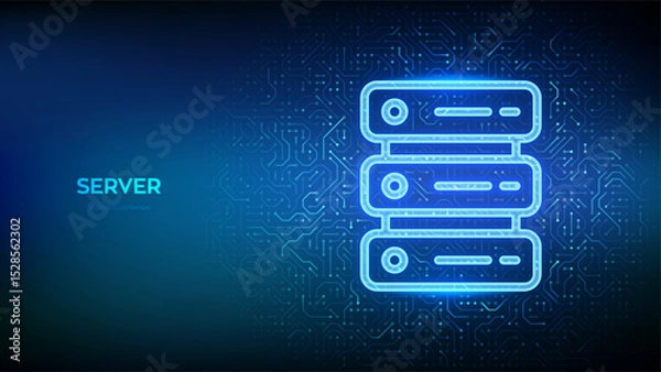 Fototapeta Server icon. Computer server and data storage background. Server hosting. Database storage. Data center. Circuit board pattern. PCB printed circuit texture. Vector illustration.