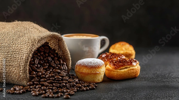 Fototapeta Coffee Beans, Freshly Brewed Cup, Pastries, and Delicious Dessert on Dark Background with Natural Textures and Warm Atmosphere