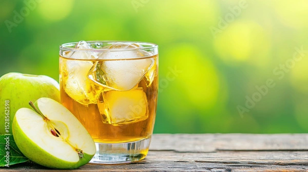 Fototapeta Refreshing Glass of Apple Drink with Ice Cubes Surrounded by Fresh Green Apples on a Wooden Surface in a Soft Focus Background