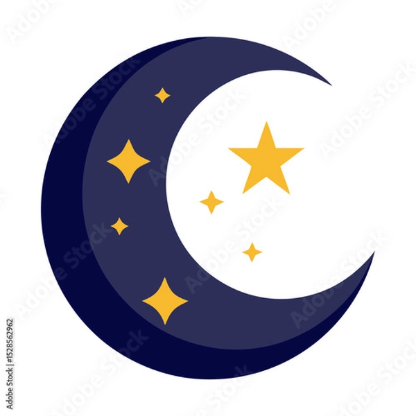 Obraz 
A whimsical illustration depicts a dark blue crescent moon with a white inner curve, accompanied by several twinkling yellow stars of varying sizes. The image evokes a sense of nighttime, dreams, 