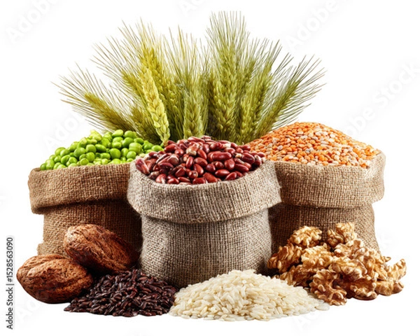 Fototapeta Fresh organic grains and legumes displayed burlap sacks, showcasing variety of colors and textures. This vibrant arrangement includes green peas, red beans, lentils, and rice, evoking sense