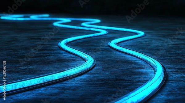 Fototapeta Glowing Blue Neon Lines on Dark Surface Creating a Futuristic Abstract Background for Technology and Design Concepts