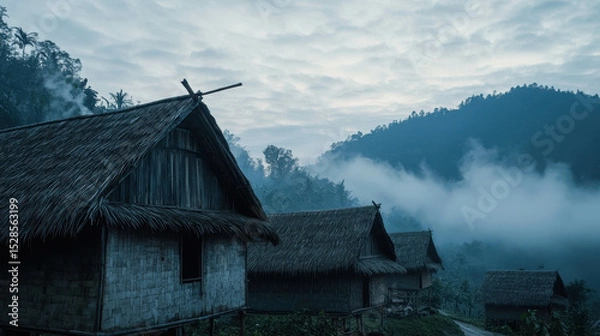 Fototapeta Serene Village Landscape at Dawn with Fog and Mountains in Background, Traditional Thatched Roof Houses and Lush Greenery Under Soft Blue Sky