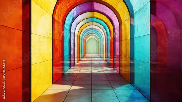 Fototapeta Colorful Archways Through Vibrant Tunnel of Glass with Reflections and Light Play in a Dreamlike Contemporary Artistic Space