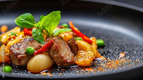 Fototapeta Gourmet Grilled Beef Steak with Vegetables on Elegant Plate Decorated with Fresh Herbs and Spices in Understated Restaurant Setting