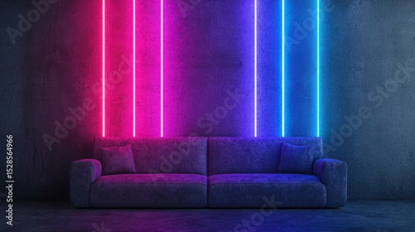 Fototapeta Modern Sofa Against Concrete Wall with Neon Lights in Pink and Blue, Ideal for Stylish Home Decor and Interior Design Projects