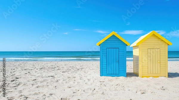 Fototapeta Colorful beach huts near the calm ocean under a bright blue sky creating a serene coastal landscape perfect for summer vacation imagery
