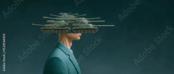 Obraz Surreal artwork of man with tanks as hat, symbolizing conflict and introspection