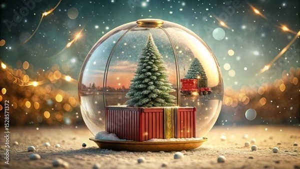 Fototapeta A Festive Winter Scene Encapsulated in a Glass Orb, Featuring a Miniature Christmas Tree Atop a Gift Box, with a Truck Delivering Trees in the Background, All Under a Sparkling, Snowy Sky