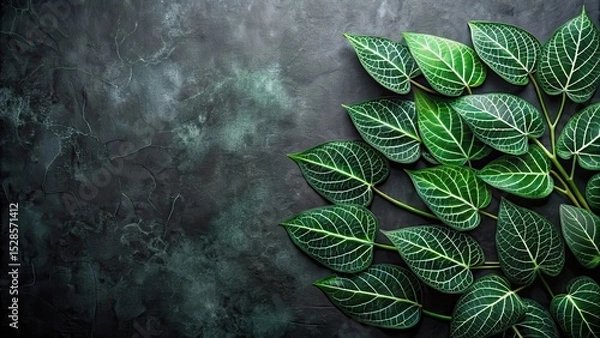 Fototapeta Dark textured background with vibrant green leaves arranged artistically for a sophisticated design element