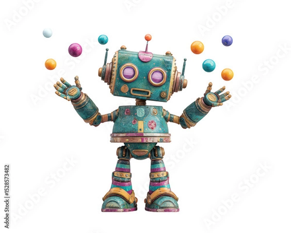 Fototapeta Cheerful robot humanoid is juggling colorful balls, showcasing playful and vibrant personality. robot features vintage design with metallic textures and bright colors, creating whimsical