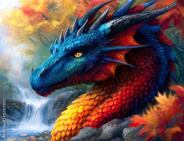 Obraz Rainbow Dragon by Waterfall – Colorful Fantasy Dragon with Fiery Scales in Autumn Forest Landscape