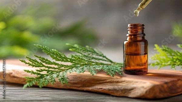 Obraz ヒノキの精油イメージのスポイトから垂れるオイル	