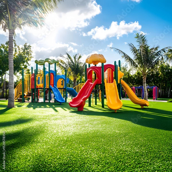 Obraz Colorful playground equipment on artificial turf creates a cheerful, inviting kids' play area under the bright sunny sky.