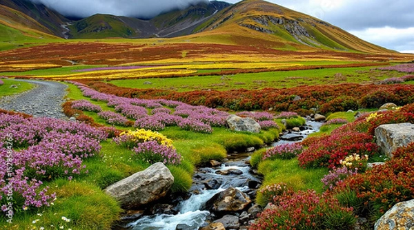 Fototapeta The summer stream runs forward, goes into the mountains. Colorful flower fields. AI generation.