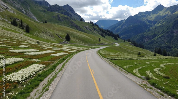 Fototapeta A summer winding mountain road stretching into the distance. AI generation.