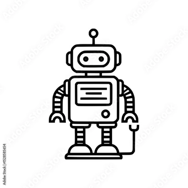 Obraz Line art illustration of a robot with a rectangular body, head, and striped limbs, standing on a white background.