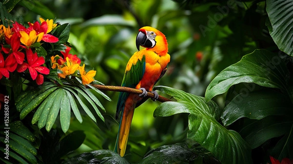 Fototapeta Scarlet and Blue-and-Yellow Macaw Perched in Lush Tropical Rainforest , A vibrant and colorful Macaw (likely a Scarlet or Blue-and-Yellow hybrid) perched on a branch amidst the dense, lush green folia