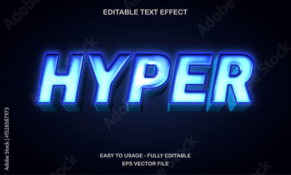 Fototapeta Hyper text, editable text effect template, 3d bold futuristic blue neon light style typeface