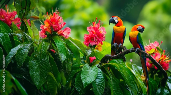 Fototapeta Scarlet and Blue-and-Yellow Macaw Perched in Lush Tropical Rainforest , A vibrant and colorful Macaw (likely a Scarlet or Blue-and-Yellow hybrid) perched on a branch amidst the dense, lush green folia