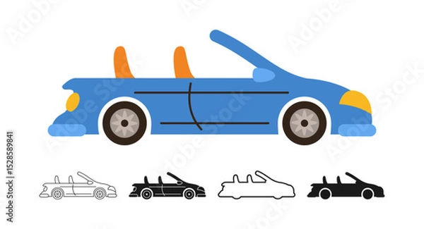 Fototapeta Car cabriolet icon symbol cartoon set. Hand drawn cute automobile car in multiple styles colored, silhouette, outline kid collection. Simple children funny auto transport icon vector illustration