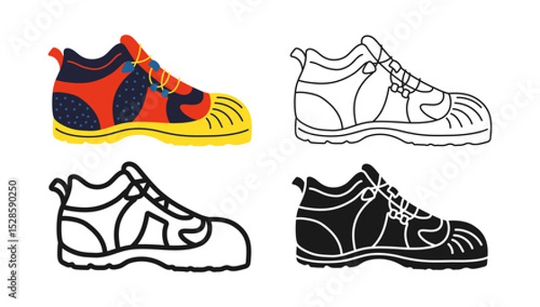 Fototapeta Builders safety boots icon symbol set. Modern construction protective worker safety boots footwear for builder mechanic plumber carpentry service. Professional shoes sign design vector illustration