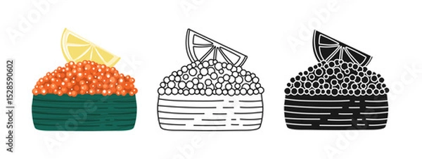 Fototapeta Gunkan maki Sushi with caviar symbol cartoon set. Traditional Asian Japanese food linear doodle icon. Sushi seafood vector illustration. Stylized doodle design sign for menu, cafe, bar, restaurant